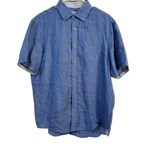 Report Collection Resort Shirt  Men Large Blue Short Sleeve Button Up 100% Linen